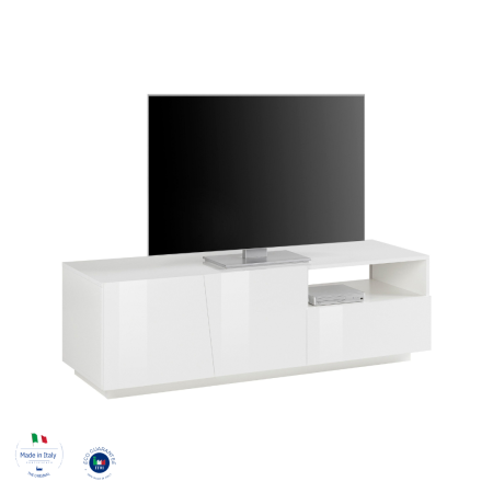 Porta TV in Legno Bianco Lucido con 2 Ante Cassetto e Vano Aperto