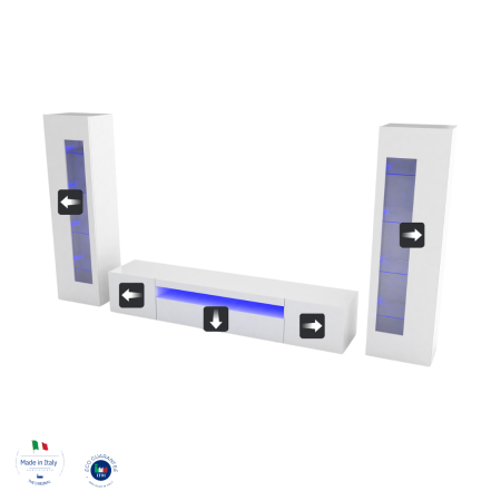 Composizione Parete Moderna in Bianco Lucido Porta TV e 2 Vetrina