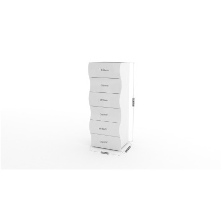 Realizzata in legno nobilitato certificato FSC, presenta un piano laccato bianco lucido e 6 cassetti con design ondulato
