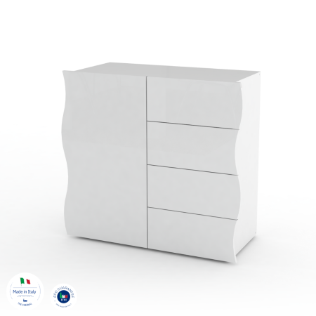 Credenza Moderna per Soggiorno e Cucina 1 Anta 4 Cassetti Bianco Lucido