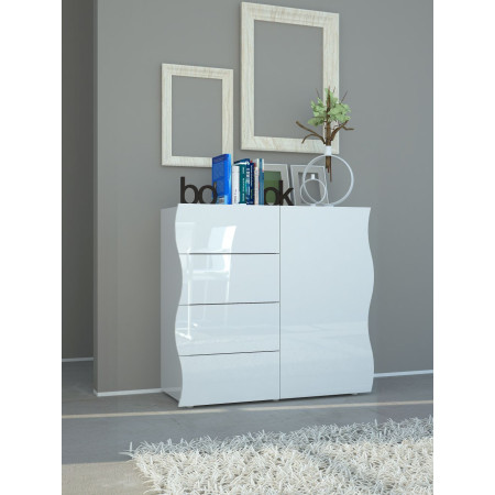 Credenza soggiorno cucina in legno nobilitato bianco lucido, con 1 anta ad apertura a battente e 4 cassetti scorrevoli.