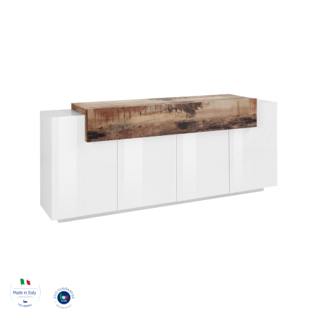 Credenza moderna a 4 ante in bianco lucido con effetto legno, dimensioni 200x45x85 cm.