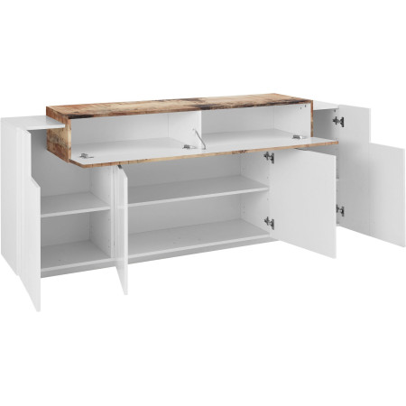 Con dimensioni di 200x45x85 cm, offre ampio spazio di archiviazione attraverso i suoi 3 vani con mensole e 4 ante a battente