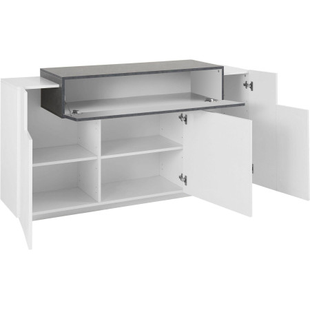 credenza a 3 vani con mensole e 3 ante a battente, elemento superiore con 1 vano e 1 anta a ribalt