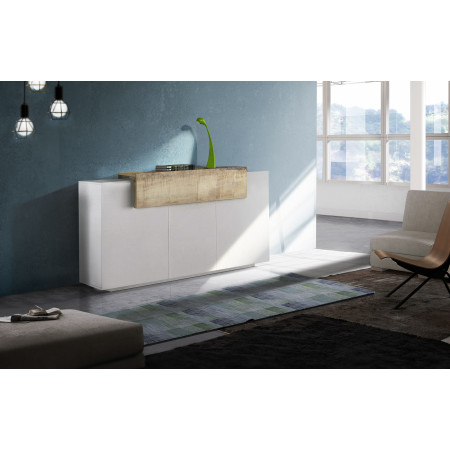 Credenza moderna a 3 ante in bianco lucido ed effetto legno, dimensioni: 160x45x85 cm.