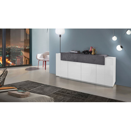 Credenza moderna a 4 ante in bianco lucido e grigio, dimensioni 200x45x85H cm.