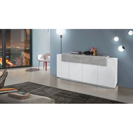 Credenza moderna a 4 ante in bianco lucido ed effetto cemento, dimensioni: 200x45x85H cm.