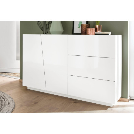 credenza cassettiera in bianco lucido offre un design moderno con 2 ante e 3 cassetti. Dimensioni di 140x43x86 cm