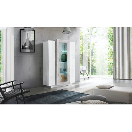 Vetrina di design per soggiorno, in bianco lucido e cemento, dimensioni 80x38x120,5 cm.