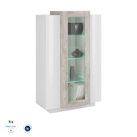 Vetrina di Design 3 Ante Bianco Lucido e Cemento per Soggiorno