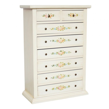 Cassettiera in Legno Bianco Anticato con 8 Cassetti Decorati a Mano