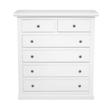 Cassettiera in legno bianco con 6 cassetti, di cui 4 grandi e 2 piccoli superiori.