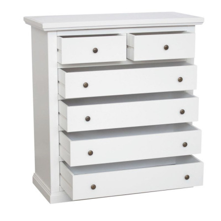 cassettiera in legno bianco, dotata di 6 cassetti - 4 grandi e 2 piccoli superiori. Le misure sono 86x40x96 cm.