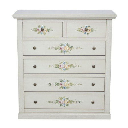 Cassettiera in legno bianco anticato con 6 cassetti e finitura floreale 6 spaziosi cassetti (4 grandi e 2 piccoli superiori),