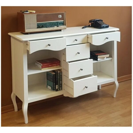 Libreria in legno massello di pioppo con rifinitura bianco opaco,6 cassetti e ripiani,