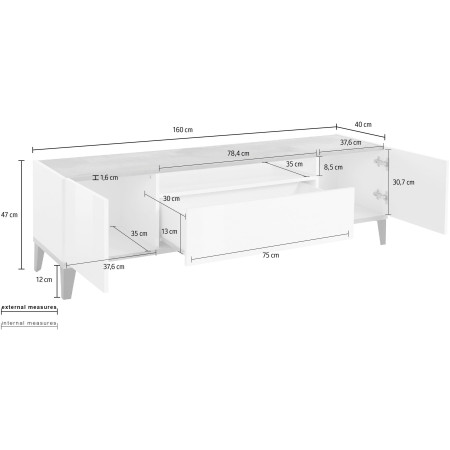 Porta TV SUNRISE 160 cm bianco lucido e ardesia moderno