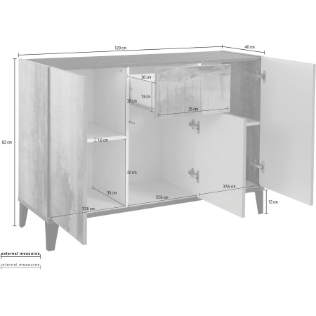 Credenza SUNRISE 3 ante + 1 cassetto, bianco lucido/ardesia