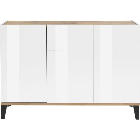 Credenza SUNRISE 3 ante + 1 cassetto, bianco laccato/acero pereira