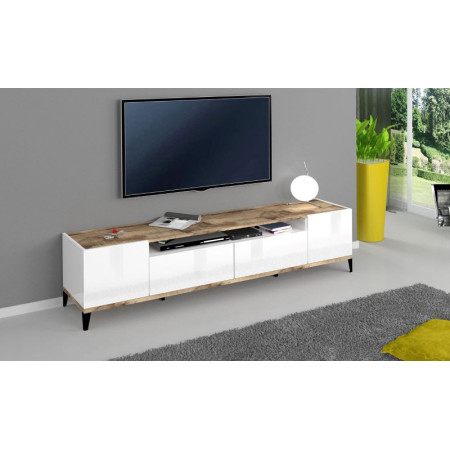 Porta TV SUNRISE 200 cm in bianco laccato con dettagli acero pereira