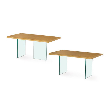 Tavolo moderno Glass con piano legno massiccio spessore 5 cm e gambe vetro