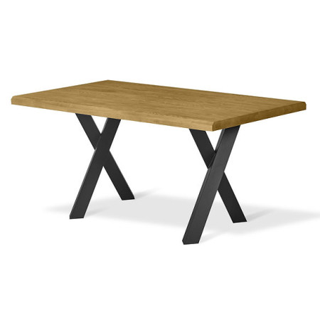 Tavolo moderno con piano legno massiccio spessore 5 cm e gambe a x in metallo cross