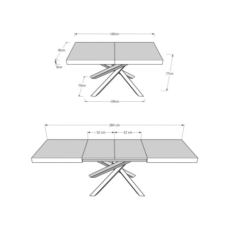 Tavolo volantis allungabile 180 x 90 a 284 cm con gambe incrociate