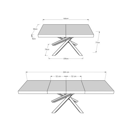 Tavolo moderno allungabile 160 x 90 a 264 cm gambe incrociate