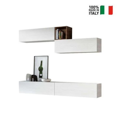 Parete attrezzata 268x39,5 cm, bianco frassino e quercia naturale