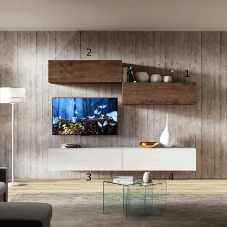 Parete attrezzata 268x39,5 cm, bianco frassino e noce collezione Isoka