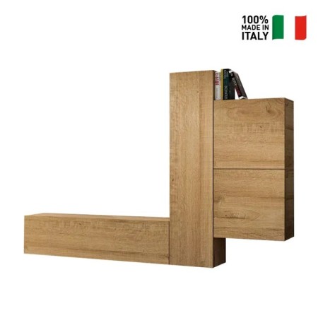 Parete attrezzata 254x174x39,5 cm, bianco frassino e quercia naturale
