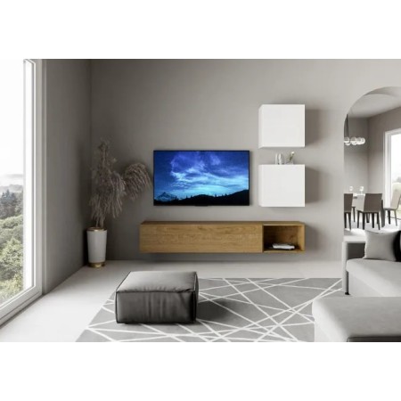 Parete attrezzata 236x39,5 cm, bianco frassino e quercia naturale