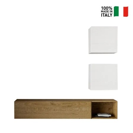 Parete attrezzata 236x39,5 cm, bianco frassino e quercia naturale