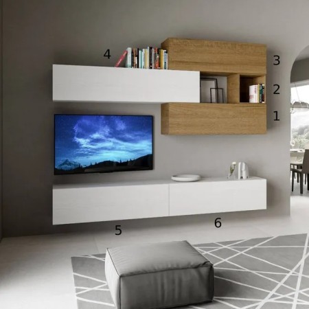 Parete attrezzata 268x39,5 cm, bianco frassino e quercia naturale