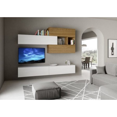 Parete attrezzata 268x39,5 cm, bianco frassino e quercia naturale