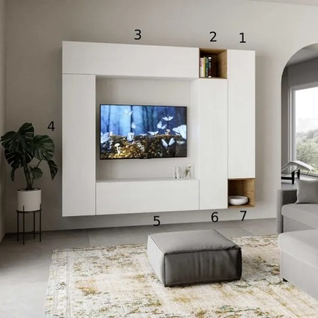Parete attrezzata 254x214x39,5 cm, bianco frassino e quercia naturale