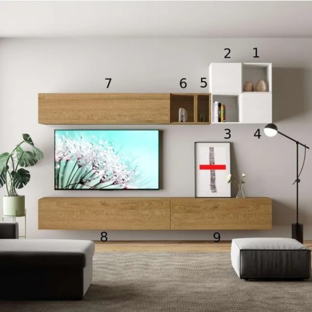 Parete attrezzata 308x174x39,5 cm, bianco frassino e quercia naturale