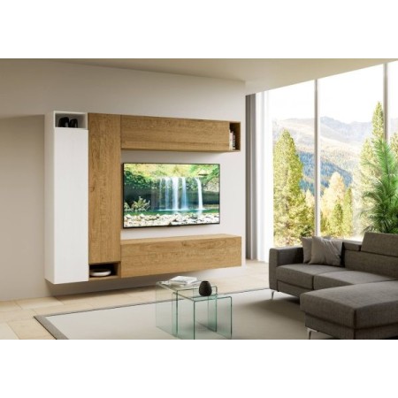 Parete attrezzata 254x194x39,5 cm, bianco frassino e quercia naturale