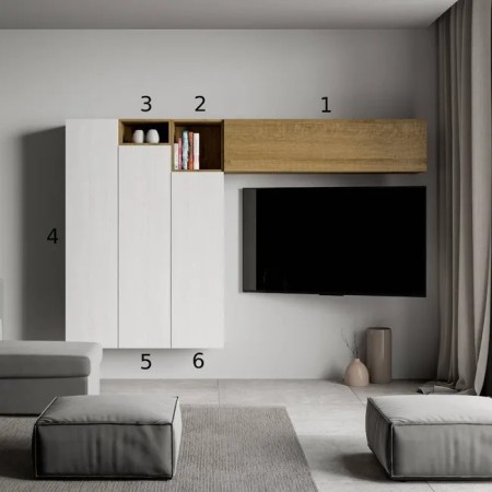 Parete attrezzata 274x174x39,5 cm, bianco frassino e quercia naturale