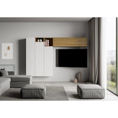 Parete attrezzata 274x174x39,5 cm, bianco frassino e quercia naturale