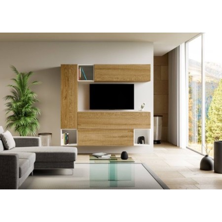 Parete attrezzata 214x39,2 cm, bianco frassino e quercia naturale