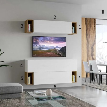 Parete attrezzata 174x39,5 cm, bianco frassino e quercia naturale