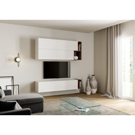 Parete attrezzata 194x39,5 cm, bianco frassino e noce collezione Isoka