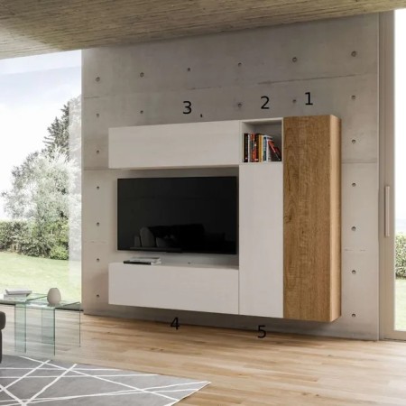 Parete attrezzata 214x174x39,5 cm, bianco frassino e quercia naturale