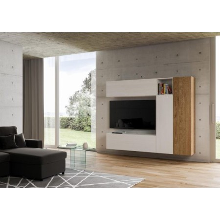 Parete attrezzata 214x174x39,5 cm, bianco frassino e quercia naturale