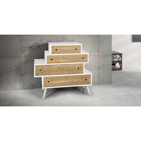 Cassettiera in Abete Bianco Spazzolato con 4 Cassetti Sfasati due colori Misure: 110x45x95 cm.