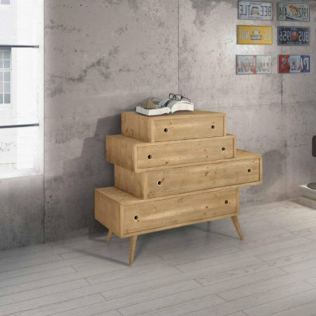 Cassettiera a 4 cassetti sfalsati in legno massello di abete naturale Misura 110x45x95 cm
