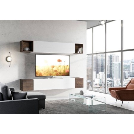 Parete attrezzata 254x39,5 cm, bianco frassino e noce collezione Isoka