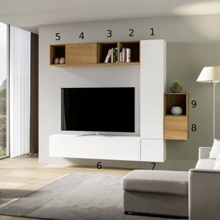 Parete attrezzata 254x214x39,5 cm, bianco frassino e quercia naturale