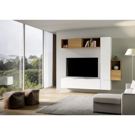 Parete attrezzata 254x214x39,5 cm, bianco frassino e quercia naturale
