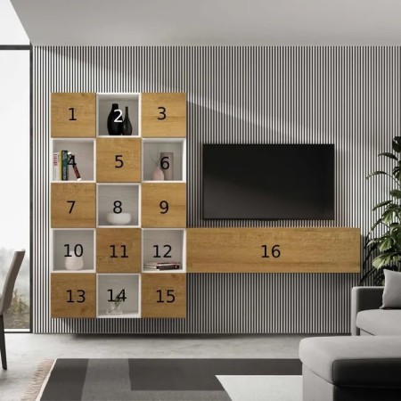 Parete attrezzata 274x200x39,5 cm, bianco frassino e quercia naturale